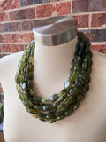 Olive Green Lucite Acrylic Beaded Multi Strand Chunky Statement Necklace - Lauren