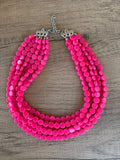 Hot Pink Acrylic Beaded Chunky Multi Strand Statement Necklace - Charlotte