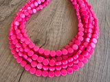 Hot Pink Acrylic Beaded Chunky Multi Strand Statement Necklace - Charlotte