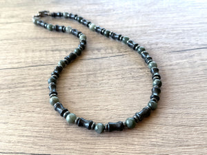 Mens Black Stone Gray Hematite Jasper Beaded Necklace - Phoenix