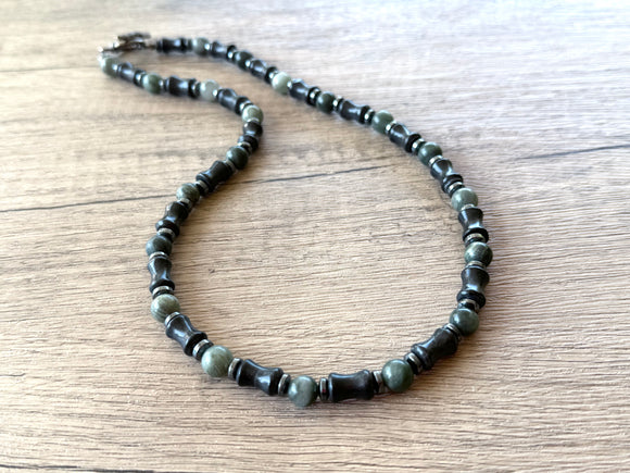 Mens Black Stone Gray Hematite Jasper Beaded Necklace - Phoenix