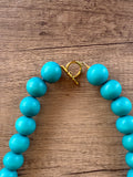 Turquoise Gold Chunky Wood Long Boho Beaded Statement Necklace - Elena
