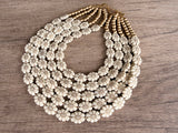 Ivory Gold Flower Lucite Acrylic Beaded Multi Strand Statement Necklace - Ginny