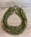 Olive Green Acrylic Lucite Bead Chunky Multi Strand Statement Necklace - Alana