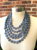 Gray Blue Wood Bead Multi Strand Chunky Womens Statement Necklace - Charlotte