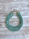 Blue Green Teal Acrylic Beaded Multi Strand Statement Necklace - Alana