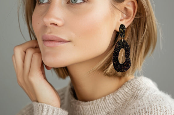 Black Gold Glitter Lucite Acrylic Big Dangle Statement Earrings - Sylvia