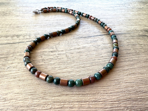 Green Brown Stone Jasper Copper Mens Beaded Necklace - Rowan