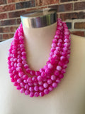 Fuchsia Pink White Acrylic Lucite Big Bead Chunky Multi Strand Necklace - Alana