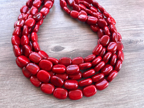 Red Beaded Lucite Big Chunky Multi Strand Statement Necklace - Lauren