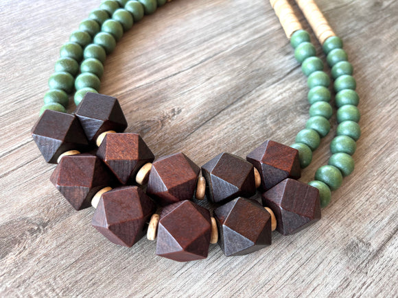 Brown Green Wood Chunky Multi Strand Bohemian Statement Necklace - Riley