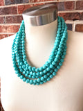 Turquoise Blue Beaded Statement Acrylic Chunky Lucite Multi Strand Necklace - Beth