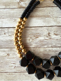 Gold Black Wood Beaded Chunky Multi Strand Statement Necklace - Riley
