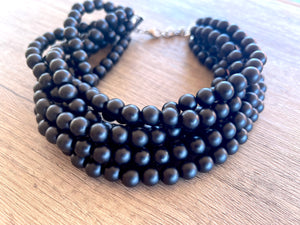Black Choker Matte Beaded Acrylic Chunky Multi Strand Statement Necklace - Alana