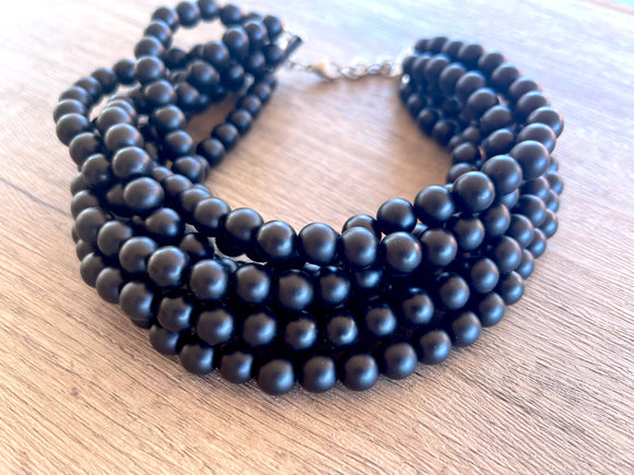 Black Choker Matte Beaded Acrylic Chunky Multi Strand Statement Necklace - Alana