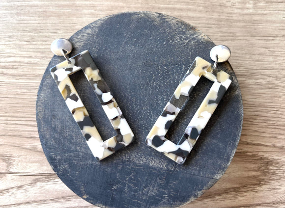 Gray Beige White Statement Big Lucite Geometric Acrylic Large Earrings - Louise