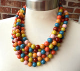 Multi Color Acrylic Bead Chunky Multi Strand Statement Necklace - Alana
