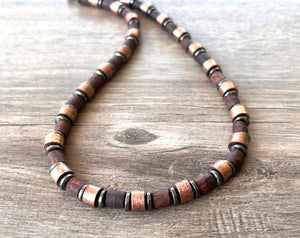 Copper Hematite Gray Brown Wood Metal Long Beaded Mens Necklace - Alphonso