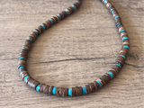 Wood Turquoise Blue Brown Mens Beaded Surfer Necklace - Dennis