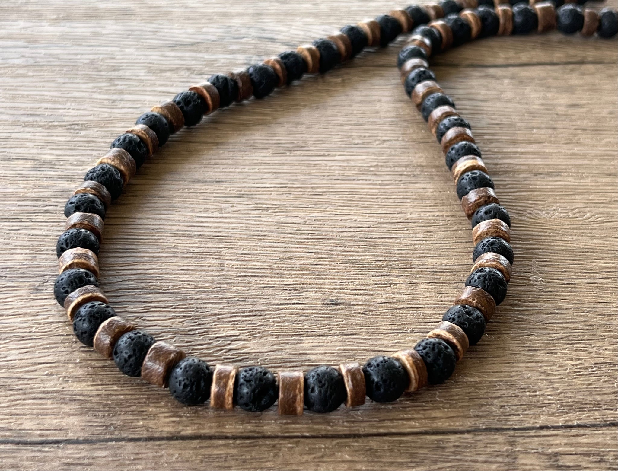 Mens Wood Lava Rock Brown Black Beaded Long Short Necklace - Mack