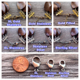 The image is a collage of six photographs showing different types of jewelry, including necklaces and clasps, with labels indicating the material used.