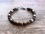 Copper Tigers Eye Gemstone Metal Beaded Mens Bracelet - Julian