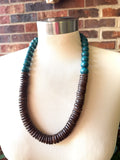 Teal Brown Wood Long Beaded Statement Necklace - Elena