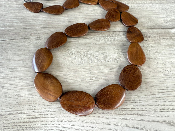 Brown Wood Beaded Long Chunky Boho Statement Necklace - Shelly