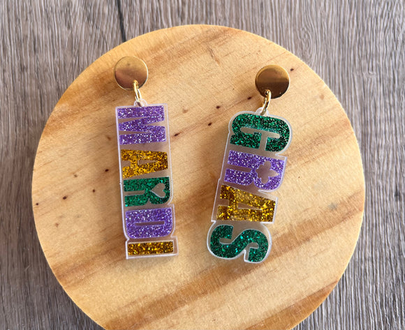 Mardi Gras Glitter Acrylic Dangle Statement Earings