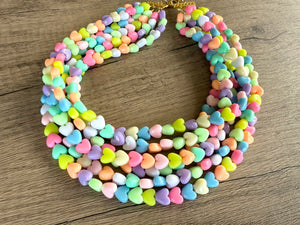 Pastel Heart Acrylic Bead Multi Strand Valentines Statement Necklace