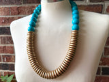 Turquoise Gold Chunky Wood Long Boho Beaded Statement Necklace - Elena