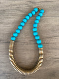Turquoise Gold Chunky Wood Long Boho Beaded Statement Necklace - Elena