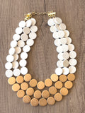 White Gold Wood Beaded Statement Chunky Multi Strand Necklace - Regan