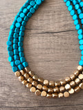 Turquoise Gold Statement Wood Beaded Multi Strand Chunky Bead Necklace - Lisa