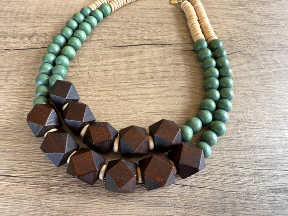 Brown Green Wood Chunky Multi Strand Bohemian Statement Necklace - Riley