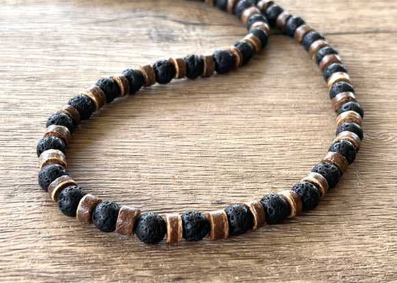 Mens Wood Lava Rock Brown Black Beaded Long Short Necklace - Mac