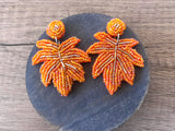 Orange Fall Leaf Sequin Beaded Thanksgiving Statement Dangle Earrings