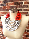 Orange Silver Wood Beaded Statement Chunky Multi Strand Necklace - Regan