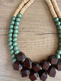 Brown Green Wood Chunky Multi Strand Bohemian Statement Necklace - Riley