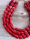 Red Beaded Lucite Big Chunky Multi Strand Statement Necklace - Lauren