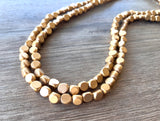 Gold Long Wood Beaded Wooden Boho Single Strand Statement Necklace - Nicoline