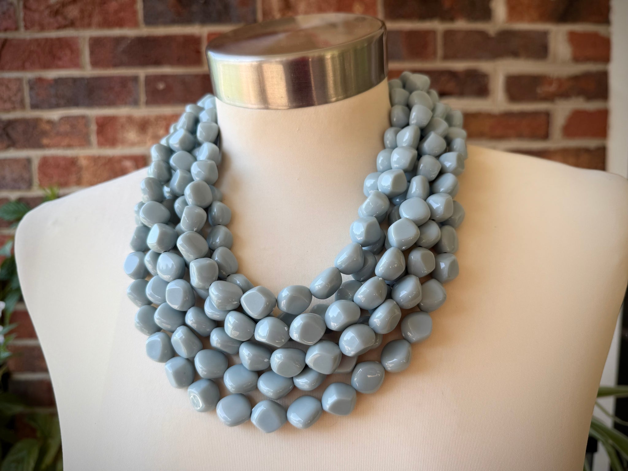 Pale Blue Acrylic Beaded Chunky Multi Strand Statement Necklace