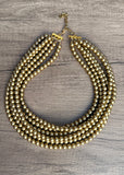 Gold Matte Smaller Bead Acrylic Chunky Multi Strand Statement Necklace - Michelle