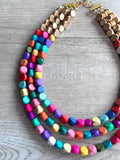 Multi Color Gold Beaded Multi Strand Wood Chunky Statement Necklace - Lisa
