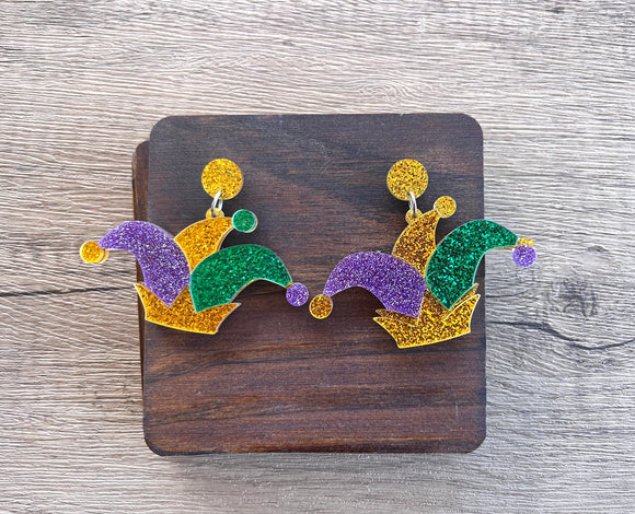 Mardi Gras Hat Glitter Acrylic Dangle Statement Earings