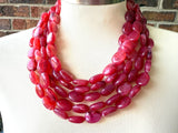 Red Pink Acrylic Beaded Multi Strand Statement Necklace - Lauren
