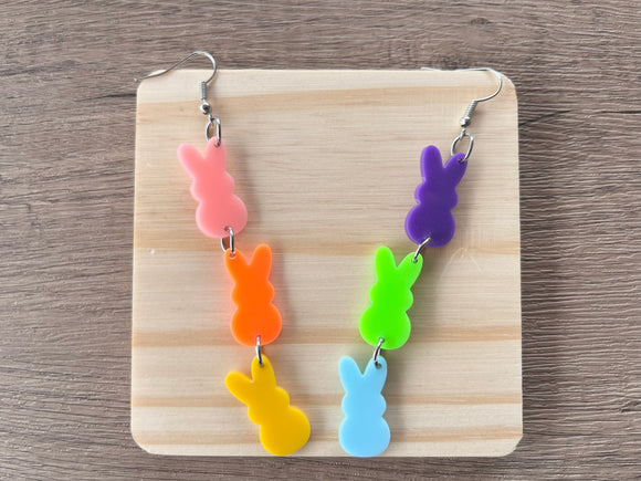 Peeps Colorful Easter Bunny Acrylic Big Dangle Statement Earrings