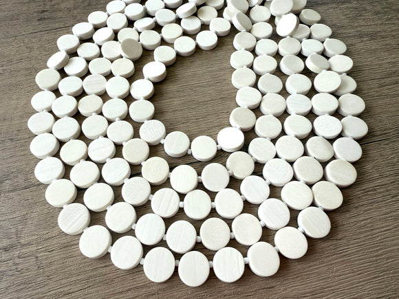White Ivory Beaded Wood Multi Strand Chunky Statement Necklace - Charlotte