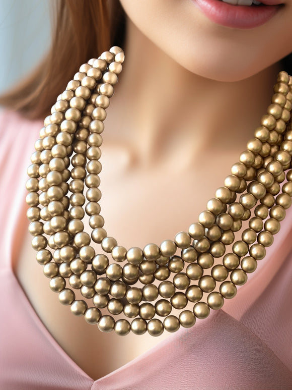 Gold Matte Small Beaded Acrylic Chunky Multi Strand Statement Necklace - Alana