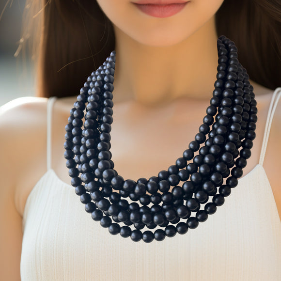 Black Matte Acrylic Multi Strand Chunky Statement Necklace - Alana